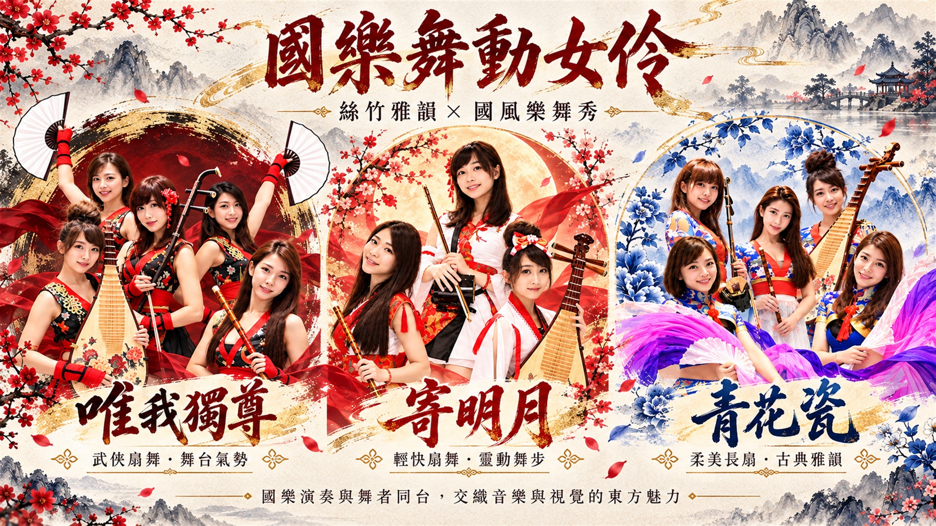 國樂舞動女伶綜合介紹：唯我獨尊武俠扇舞、寄明月輕快折扇與青花瓷柔美長扇，結合女子國樂演奏與國風舞蹈
