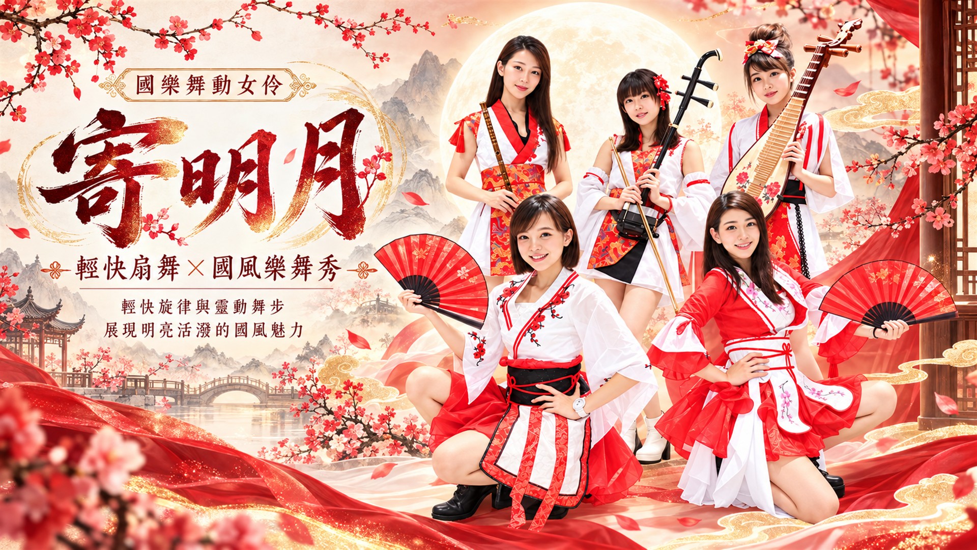 寄明月五人團體介紹：紅白服裝女子國樂樂手與紅色折扇舞者，呈現明亮輕快的樂舞風格