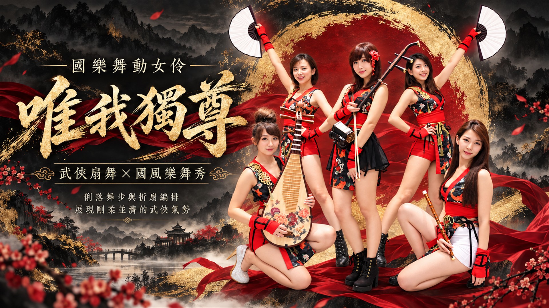 《唯我獨尊》武俠扇舞介紹：黑紅國風服裝、白色折扇與女子國樂樂手