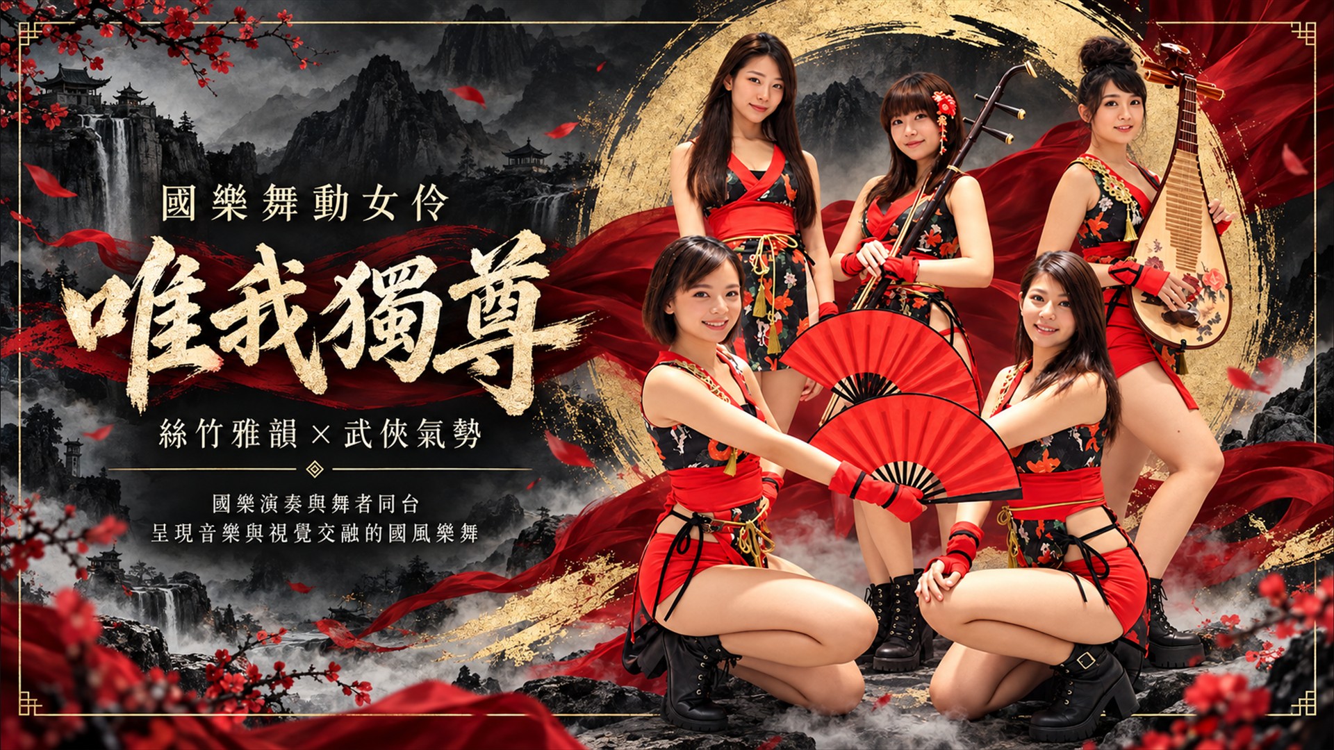 國樂舞動女伶《唯我獨尊》團體形象：紅色折扇與二胡、琵琶樂手