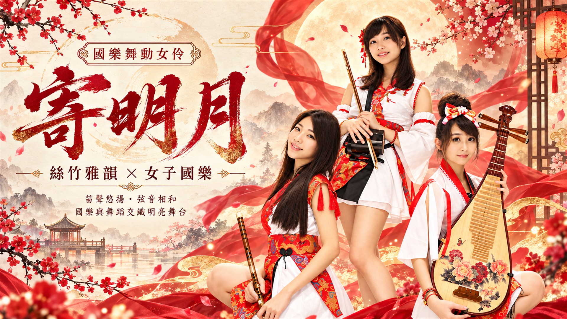 《寄明月》女子國樂演奏形象：紅白國風服裝的二胡、笛與琵琶樂手，呈現絲竹雅韻