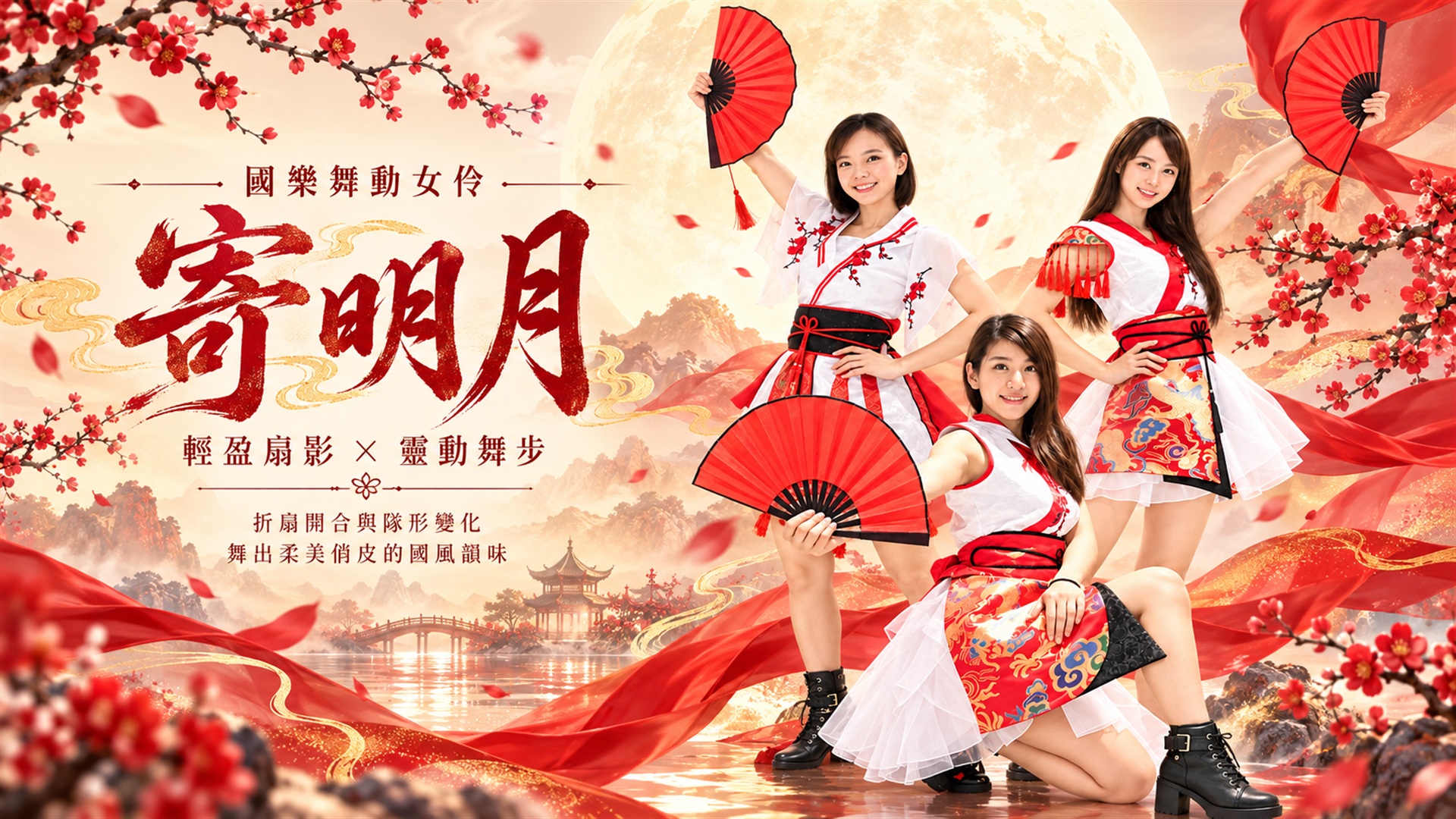《寄明月》三位國風舞者運用紅色折扇，以開合、站姿與坐姿呈現輕盈扇影與隊形層次
